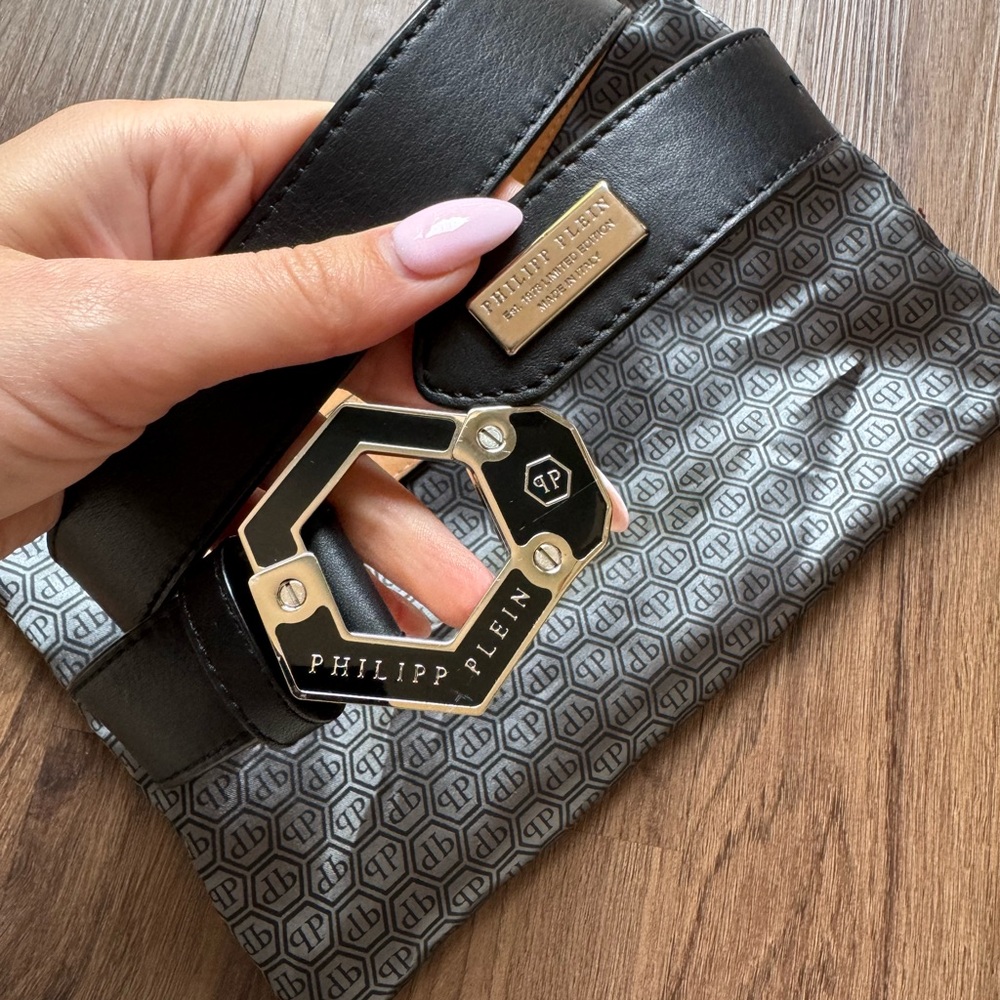 Philipp Plein Black and Silver Belt with Logo Buckle